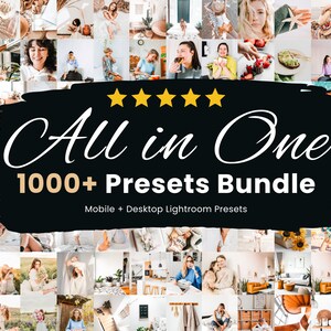 Op de afbeelding: Een collage van afbeeldingen die een verscheidenheid aan fotografiepresets laten zien. De tekst "All in One 1000+ Presets Bundle" wordt weergegeven in wit op een zwarte achtergrond. De tekst "Mobile + Desktop Lightroom Presets" wordt weergegeven in wit op een zwarte achtergrond.