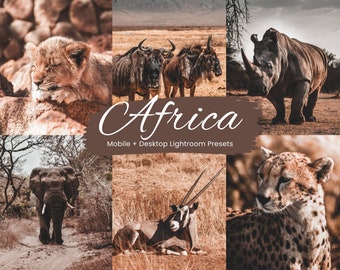 Op de afbeelding: Een collage van afbeeldingen die de schoonheid van Afrika laten zien. De afbeeldingen omvatten een slapende leeuwenwelp, een kudde gnoes, een neushoorn, een olifant, een oryx en een cheetah. De tekst "Afrika" is geschreven in een bruin lettertype met een penseelstreep-effect. De tekst "Mobile + Desktop Lightroom Presets" is geschreven in wit lettertype onder het woord "Afrika".