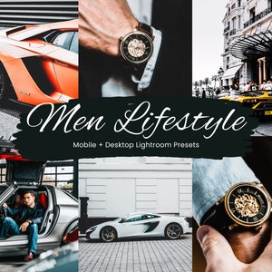 Op de afbeelding: Een collage van afbeeldingen met luxe auto's, horloges en een man in een auto. De tekst "Men Lifestyle" en "Mobile + Desktop Lightroom Presets" wordt weergegeven op een zwarte achtergrond.