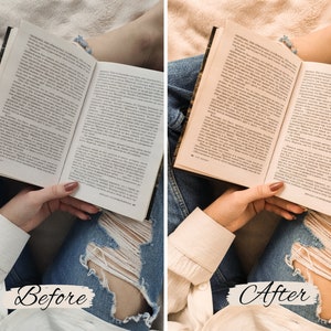 Op de afbeelding: Een voor-en-na-beeld dat het verschil in kleur en helderheid van een foto laat zien. De afbeelding links is een close-up van iemands handen die een boek open op hun schoot houden. De afbeelding rechts is dezelfde afbeelding met een warmere kleurtoon en verhoogde helderheid.