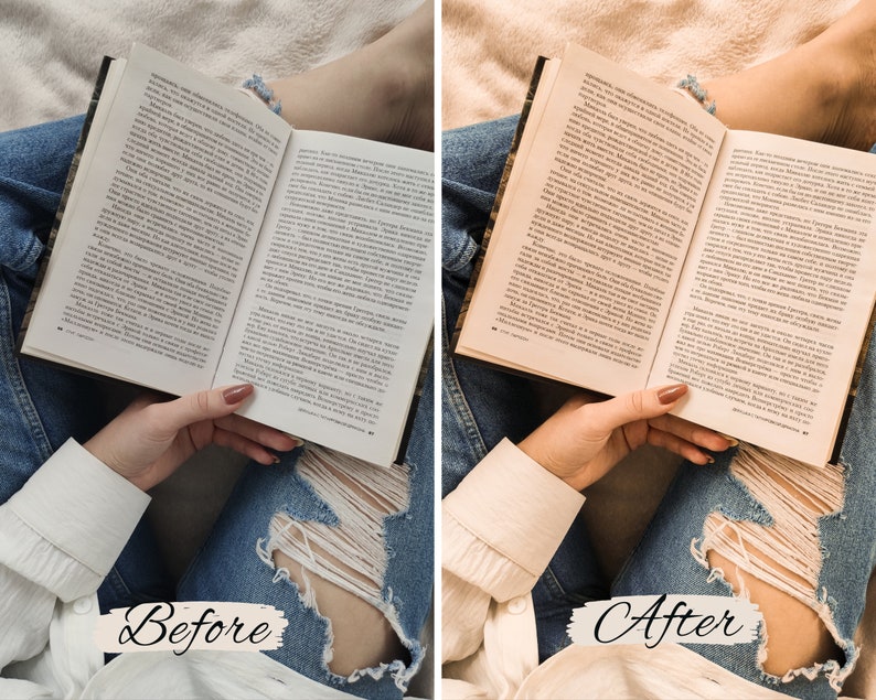 Op de afbeelding: Een voor-en-na-beeld dat het verschil in kleur en helderheid van een foto laat zien. De afbeelding links is een close-up van iemands handen die een boek open op hun schoot houden. De afbeelding rechts is dezelfde afbeelding met een warmere kleurtoon en verhoogde helderheid.