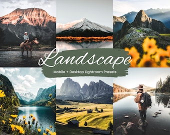 Op de afbeelding: Een collage van landschapsfoto's met bergen, meren en velden. De foto's zijn bewerkt met een warm, vintage kleurenpalet. De tekst "Landscape" is geschreven in een gestileerd lettertype met de woorden "Mobile + Desktop Lightroom Presets" eronder.