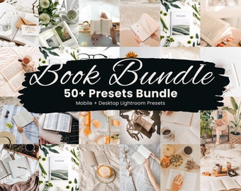 May include: A collage of images featuring books, coffee, and flowers. The text "Book Bundle 50+ Presets Bundle Mobile + Desktop Lightroom Presets" is displayed in the center of the image.