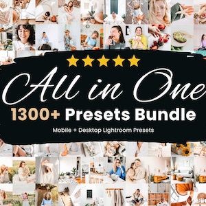 Op de afbeelding: Een collage van afbeeldingen die een bundel van meer dan 1300 Lightroom-presets voor mobiel en desktop laten zien. De tekst "All in One 1300+ Presets Bundle" wordt weergegeven in wit op een zwarte achtergrond.