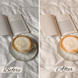 Op de afbeelding: Een voor- en na-afbeelding die het verschil in kleur en helderheid van een cappuccino in een wit kopje en schoteltje laat zien. De cappuccino staat op een wit beddengoed met een open boek getiteld "A Monsieur" op het beddengoed.