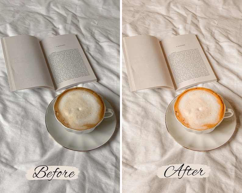 Op de afbeelding: Een voor- en na-afbeelding die het verschil in kleur en helderheid van een cappuccino in een wit kopje en schoteltje laat zien. De cappuccino staat op een wit beddengoed met een open boek getiteld "A Monsieur" op het beddengoed.