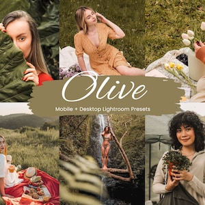 Può includere: Un set di preset Lightroom per dispositivi mobili e desktop chiamato "Olive" per l'editing di foto. I preset sono progettati per dare alle foto un aspetto caldo, naturale e terroso. L'immagine mostra diversi esempi di foto modificate con i preset, tra cui una donna con un vestito giallo, una donna con una camicia bianca e una donna con un maglione marrone.