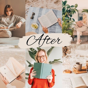 Op de afbeelding: Een collage van afbeeldingen met mensen die boeken lezen in verschillende omgevingen. De afbeeldingen tonen een vrouw die een boek leest op een bank, een persoon die een boek leest op een strand, een vrouw die een boek leest in een kamer met planten en een vrouw die een boek leest in een kamer met een wit deken.