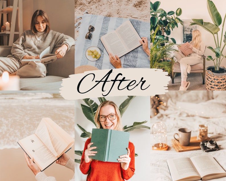 Op de afbeelding: Een collage van afbeeldingen met mensen die boeken lezen in verschillende omgevingen. De afbeeldingen tonen een vrouw die een boek leest op een bank, een persoon die een boek leest op een strand, een vrouw die een boek leest in een kamer met planten en een vrouw die een boek leest in een kamer met een wit deken.