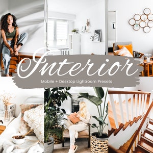 Op de afbeelding: Een verzameling Lightroom-presets voor het bewerken van foto's van interieurs. De presets zijn ontworpen om de kleuren en de belichting van binnenruimtes te verbeteren, waardoor ze er levendiger en uitnodigender uitzien. De presets zijn beschikbaar voor zowel de mobiele als de desktopversie van Lightroom.