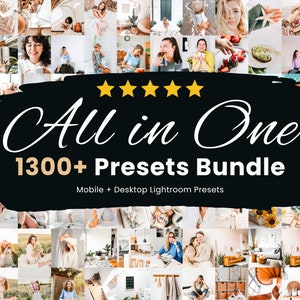 May include: A collage of images showcasing a bundle of over 1300 Lightroom presets for mobile and desktop. The text "All in One 1300+ Presets Bundle" is displayed in white on a black background.