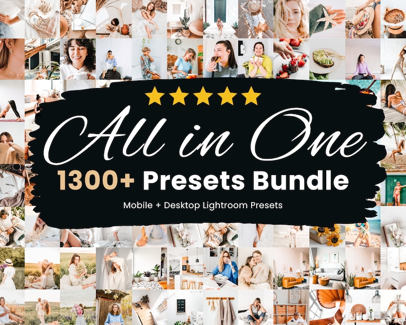 May include: A collage of images showcasing a bundle of over 1300 Lightroom presets for mobile and desktop. The text "All in One 1300+ Presets Bundle" is displayed in white on a black background.
