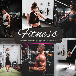Op de afbeelding: Een collage van afbeeldingen met mensen die trainen in een sportschool. De afbeeldingen tonen mensen die gewichten tillen, boksen en een bokszak gebruiken. De tekst "Fitness Mobile + Desktop Lightroom Presets" wordt in het midden van de collage weergegeven.