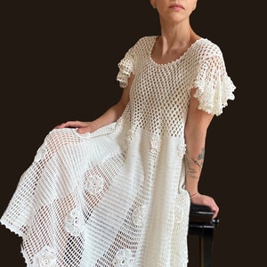 Crochet Sheer Summer Dress, White Lace Wide Midi Dress, Floral Cotton Boho Style Dress, Maternity Pregnancy Dress, Size S-L, Ready to ship