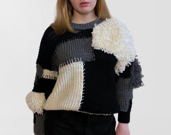 Fringe Patchwork Sweater, One-of-a kind Merino Wool Pullover, Black-White-Grey Chunky Knit Blouse, Handmade Crewneck Jumper, Unique Crop Top