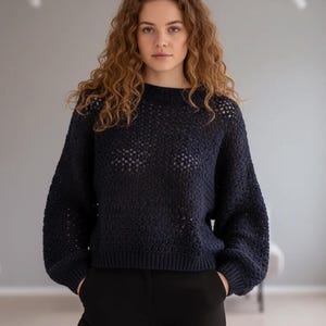 Minimalist Lace Sweater, Crochet Open Knit Top, Chunky Mesh Pullover, Jumper, Basic Knitwear, Cotton-Merino Wool, 42 colours, Handmade in EU