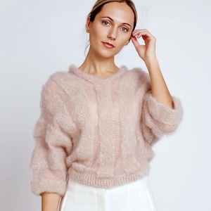 Mohair-Silk Lace Evening Blouse, Woman&#39;s Open Knit Fuzzy Cocktail Blouse, Sheer Beige Fluffy Occasion Top, Unique Handmade Party Crop Top
