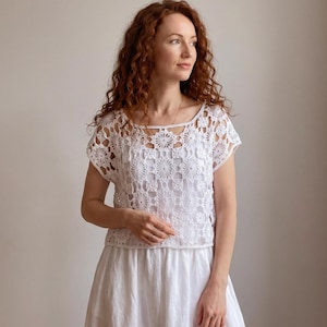 Crochet Lace Blouse Women, Floral Sheer Patchwork Vest, White Oversized Cotton Top, See-Through Gilet,  - Hand Knit in EU, Ready to ship