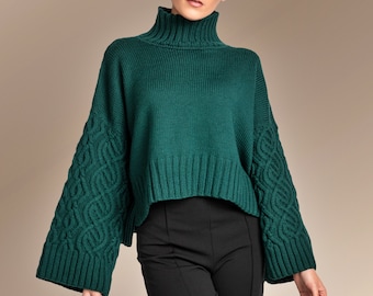 Hand-Knit Oversized Green Pullover, Women's Cable Knit Aran Sweater, Loose Fit Woman’s Winter Crop Top, High Quality Merino Wool Jumper
