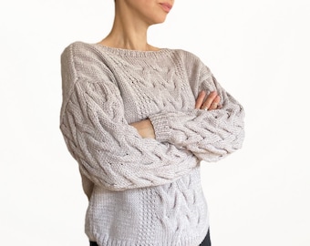 Cable Knit Womens Sweater, Handmade Chunky Knit Pullover, Relaxed Fit Merino Wool Jumper, Elegant Beige Winter Blouse, Versatile Wool Top