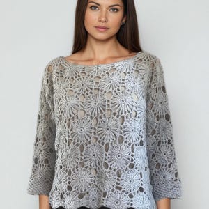 Grey Sheer Crochet Top, Unique Floral Silver Lace Blouse, Bohemian Minimalist See Through Sweater, Cotton Occasion Pull - Hand Knit in EU