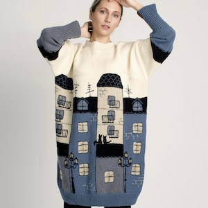 Decorated Merino Wool Tunic, One-of-a-kind Chunky Knit Sweaterdress, Embroidered Designer Jumper, Unique Alpaca Pullover, Oversized Top
