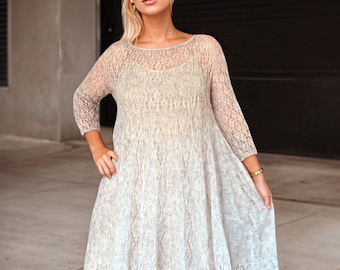 Mohair Lace Occasion Dress, Grey Sheer Party Dress, Hand Knit Midi Wedding Dress, Fancy Crochet Bridal Dress, Maternity Pregnancy Dress