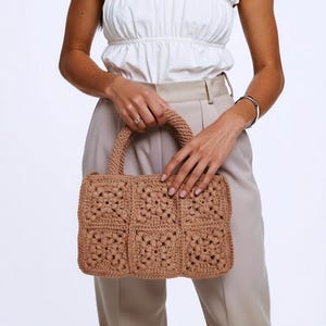 Crochet Floral Handbag: Brown Knit Tote Bag, Square Pattern Rectangular Tote - Handmade,  Cotton Blend