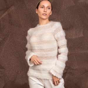 Mohair-Silk Lace Evening Blouse, Handmade Open Knit Cocktail Blouse, White Fuzzy Sheer Occasion Top, Woman&#39;s Fluffy  Striped Party Pull