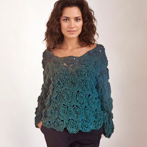 Luxury Floral Irish Lace Evening Top, Crochet Open Knit Occasion Blouse, Green Sheer Party Pull, Gift for Her - Hand Knit in EU, Size S-M