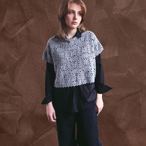 Square Crochet Mesh Summer Blouse, Sheer Hand Knit Crop Top, Grey Cotton Knit Woman’s Shirt,  Minimalist Basic Summer Vest, Beachwear