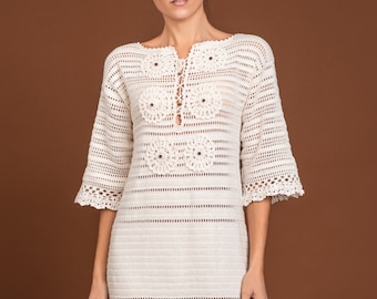 Robe d'été transparente au crochet, robe rétro midi blanche, robe en dentelle florale de style bohème, robe en coton faite main pour le printemps et l'été