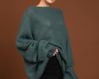 Pull surdimensionné vert en alpaga, pull pour femme à manches bouffantes, chemisier duveteux fait main de coupe décontractée, pull en grosse maille en mohair