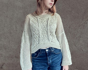 Blusa de punto trenzado de algodón para mujer, suéter beige de verano, jersey Aran de corte holgado para mujer, jersey de cuello redondo de punto grueso, top corto de diseño exclusivo