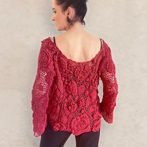 Crochet Open-Knit Evening Blouse | Unique Floral Irish Lace Occasion Top | Custom Cotton Party Knit Pull | Artisan Hand-Crocheted in the EU