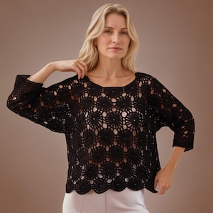 Gehaakte kanten top, pure bloemen boho blouse, open gebreide patchwork gelegenheid trui, blouse bruiloftsgast, zomeravond top - handgemaakt in de EU