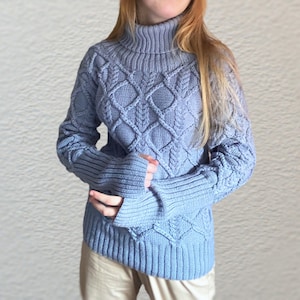 Cable Knit Sweater with Fingerless Gloves, Wrist-Warming Chunky Knit Pullover, Merino Wool Aran Jumper, Blue Celtic Fitted Wool Tunic