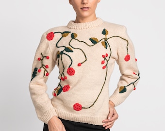 3D Embroidered Merino Wool Sweater, Floral Beige Decorated Woman's Pullover, Unique Ivory Chunky Knit Blouse, Elegant Statement Jumper