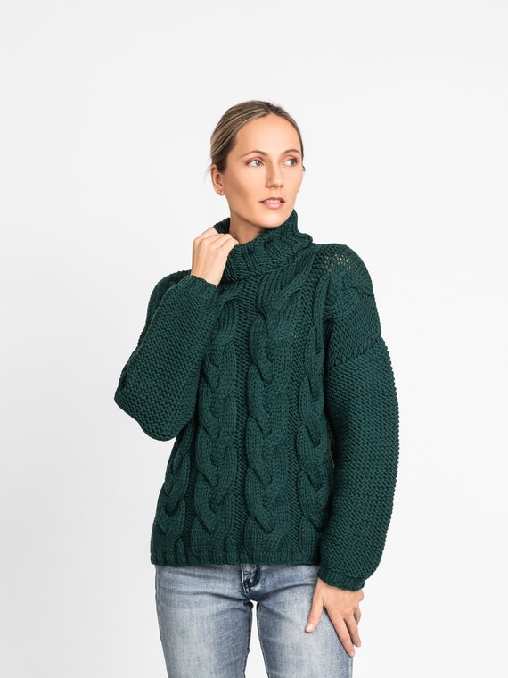 Green Cable Knit Woman's Pullover, Handmade Aran Turtleneck