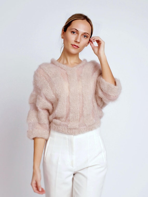 Blusa de noche de encaje de mohair y seda, blusa de cóctel de