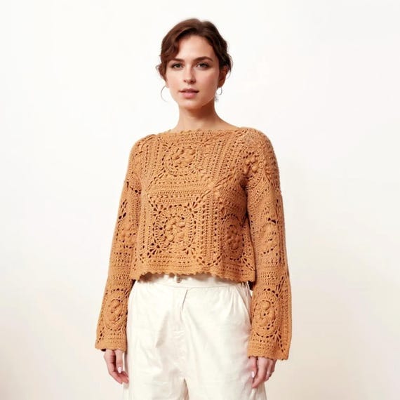 Square Crochet Mesh Summer Blouse, Sheer Hand Knit Crop Top, Grey Cotton Knit Woman’s Shirt,  Minimalist Basic Summer Sweater, Beachwear