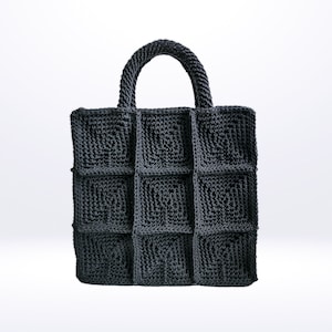 Gehäkelte Quadrat Patchwork Tote, Einzigartige Minimalist Strick Handtasche, Vielseitige Klassische Schulter-tasche, Kundenspezifische Schwarze Shopper-Tasche, Handgefertigte Strandtasche