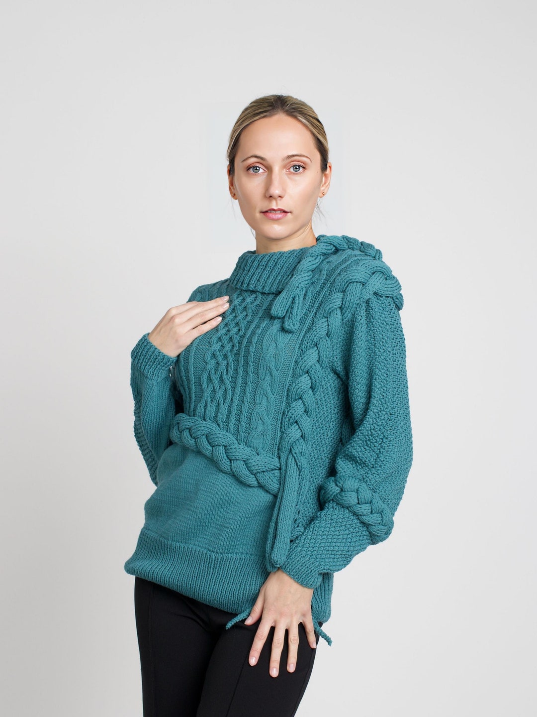 Asymmetrical Cable Knit Pullover, Hand Knit Fitted Aran Sweater, Teal ...