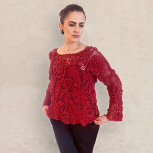 Luxury Floral Irish Lace Top, Crochet Open Knit Occasion Blouse, Red Sheer Party Pull, Woman&#39;s Evening Crop Top, Gift for Her, Fits S-M