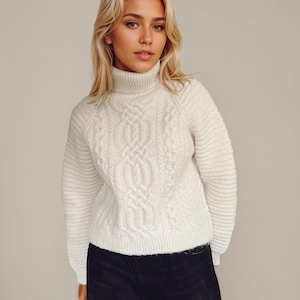 White Cable Knit Alpaca Pullover, Hand Knit Aran Turtleneck Sweater, Handmade Woman&#39;s Jumper, Straight Fit  Merino Wool Blouse, Gift for Her