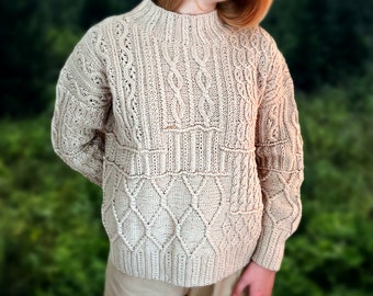 Celtic Cable Knit Woman's Pullover, Sandy Aran Crewneck Sweater, Chunky Knit Merino Wool Jumper, Handmade Straight Fit Winter Blouse, Top