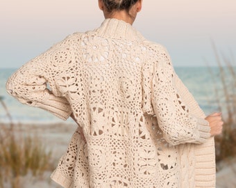 Crochet Lace Summer Cardigan,  Beige Woman's Cardigan in Floral Motives, Square Pattern Open Line Sweater, Hand Knit Ivory Wrap Cardigan