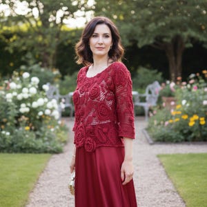 Luxury Floral Irish Lace Top, Crochet Open Knit Occasion Blouse, Red Sheer Party Pull, Woman's Evening Crop Top, Gift for Her, Fits S-M