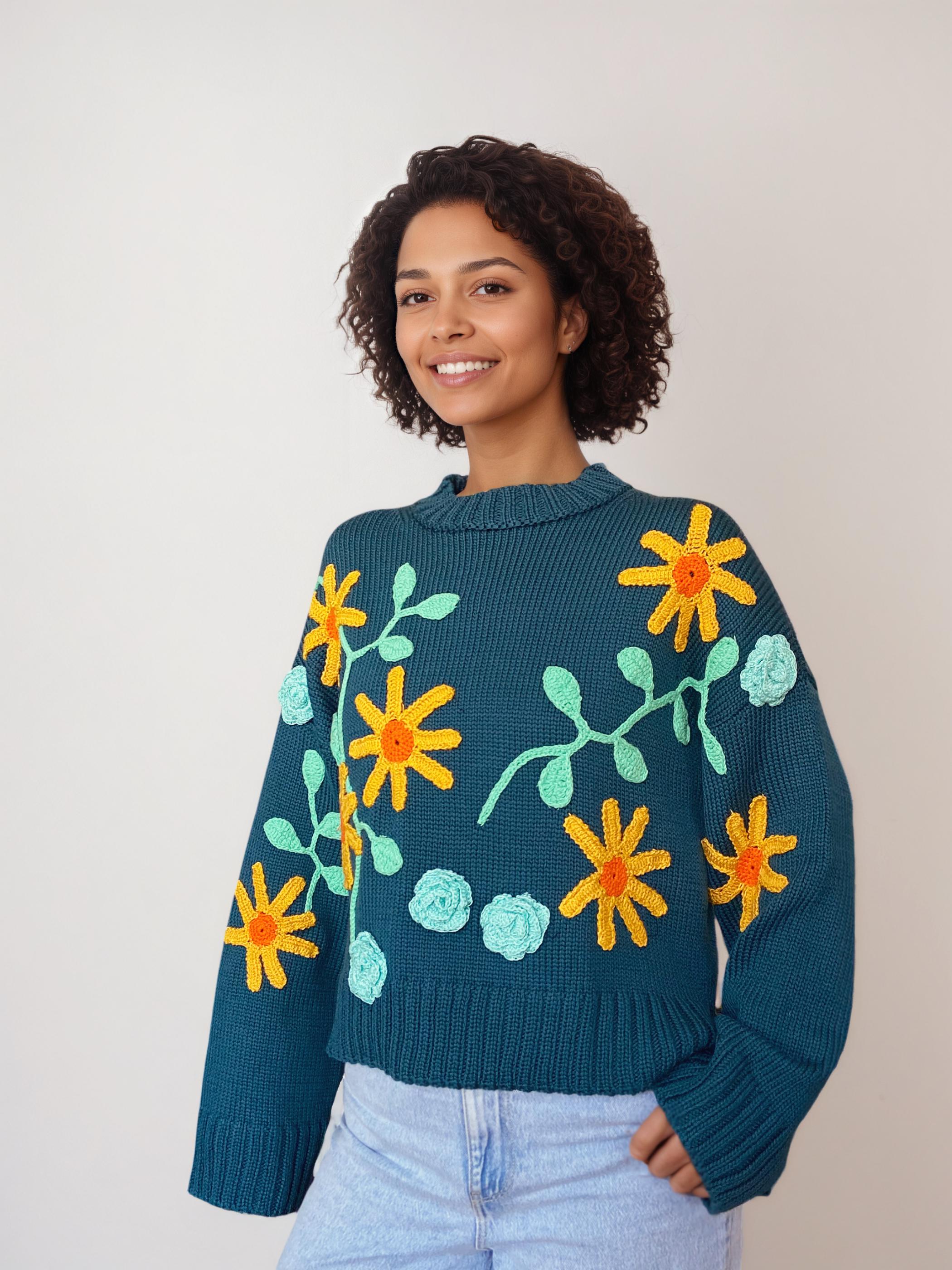 Buy Embroidered Floral Sweater, One-of-a Kind Chunky Teal Pullover