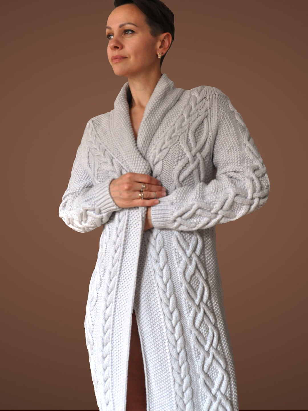 Long Merino Wool Coat Woman's White Cable Knit Cardigan Etsy